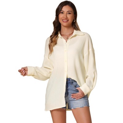 INSPIRE CHIC Women's Long Sleeve Turndown Collar Button Up Casual Loose Textured Shirt