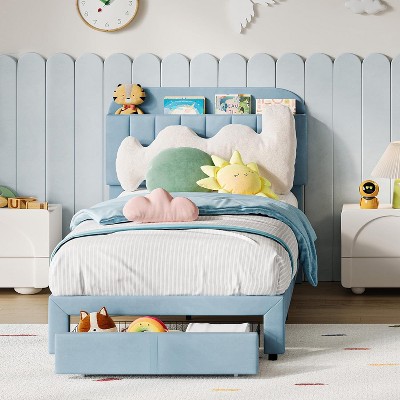 Twin Bed Frame with Storage Headboard, Velvet Upholstered Platform Bedframe for Kids, Girl Bed, Strong Wooden Slats, Noise-Free, Easy Assembly, Pink
