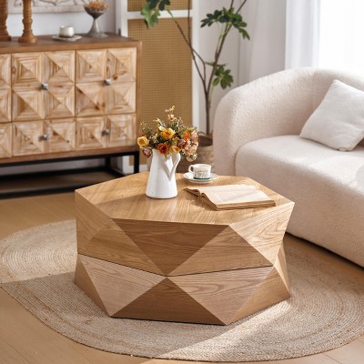 Flip Top Coffee Table Polygon Cocktail Table Storage Center Table Sofa Side Table Retro Accent Table, No Assembly Needed - ModernLuxe