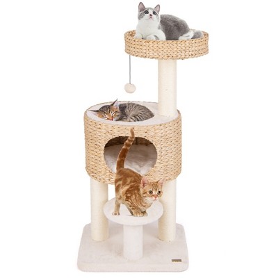 Tangkula Modern Cat Tree w/Top Perch Cattail Fluff Condo Cozy Nest Sisal Scratching Posts