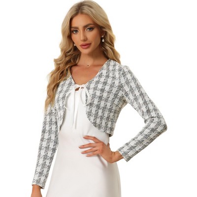 Allegra K Women's Tie Front Long Sleeve Plaid Tweed Short Shrugs
