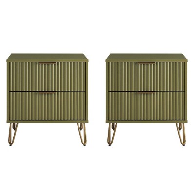 Manhattan Comfort Set of 2 Dumbo 2 Drawer Nightstands Olive Green: Modern Design, Metal Legs, MDF Frame