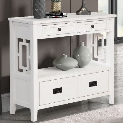 PAGED Vintage Solid Pine Console Table with 4 Drawers & 1 Storage Shelf, 36" Farmhouse Entryway Table, Mixed Handle Design Sofa Table