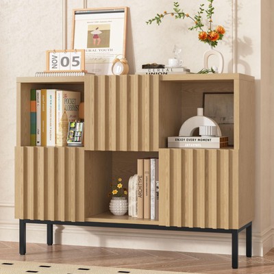 Fluted 6-Cube Bookcase, 2-Tier Open Bookshelf, Wood Display Cabinet Rack, Natural
