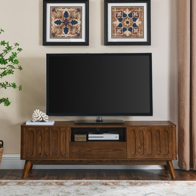 Mid Century Modern Fluted TV Stand for 65" TV, Farmhouse Entertainment Center with 2 Doors, 1 Drawer, Solid Wood Legs, Media Console