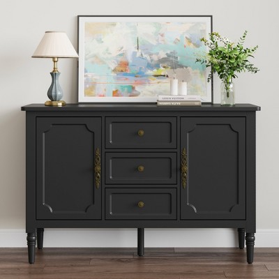 Heynemo Storage Cabinet with 2 Doors & 3 Drawers, Mid-Century Sideboard Cabinet with Adjustable Shelves, Wood Buffet Cabinet with Turned Legs, Black