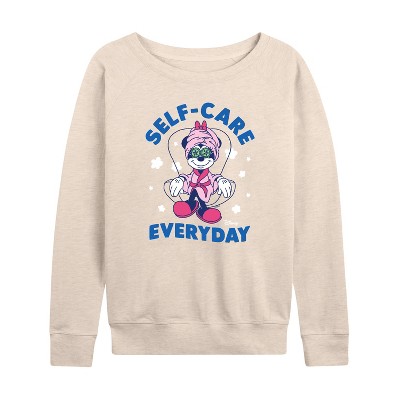 Women's - Disney - Minnie Mouse Self-Care Everyday Lightweight French Terry Wide Neck Long Sleeve Graphic Shirt