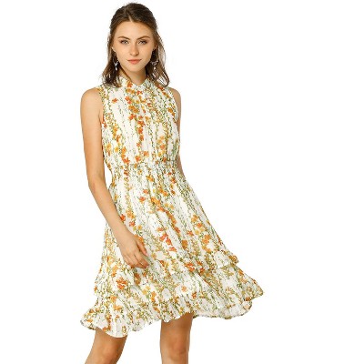 Allegra K Women's Regular Fit Floral A-line Smocked Waist Tiered Ruffled Chiffon Mini Dress