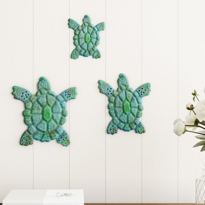 Hastings Home 3pc Sea Turtle Wall Art - Nautical 3D Metal Hanging Decor - Vintage Coastal Seaside Inspired Style - Under Water Sea Life Ocean