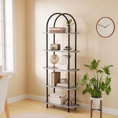 5 Tier Bookcase, 71" Arched Bookshelf, Freestanding Shelving Unit Storage Organiser, Metal Frame BookCase for Living Room Bedroom Home Office