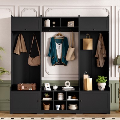 4-in-1 Hall Tree Mudroom Coat&Shoe Rack Entryway Bench Hallway Shoe Cabinet with 7 Hooks & & Adjustable Shelf - ModernLuxe
