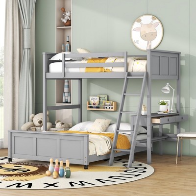 Twin Over Full Bunk Bed with Built-In Desk and Storage Drawers, Solid Wood Frame, Space-Saving Design for Kids or Teens