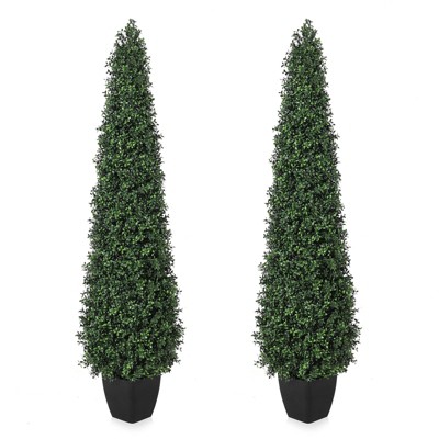 3FT Artificial Boxwood Topiary Trees, Decorative Tree with Black Planter, Faux Shrubs Outdoor, Artificial Plants Outdoor Potted, 2 Pcs