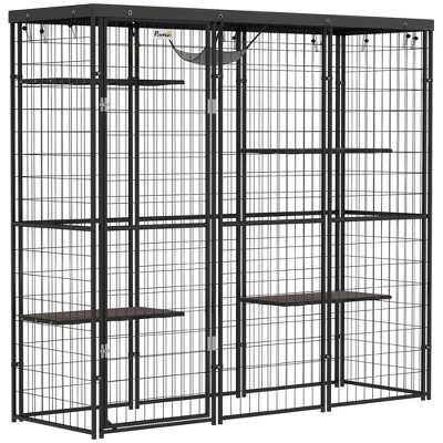 PawHut Weld Wire Catio Outdoor Indoor, Cat Enclosure with Waterproof Cover, 4 Jumping Platforms, Hammock, for 1-3 Kittens, 69" x 22" x 62", Black
