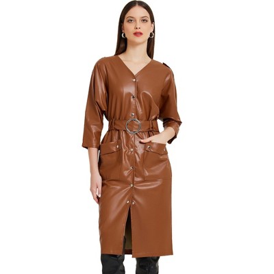 Allegra K Women's Faux Leather 3/4 Sleeve Button Down V Neck Party Club Midi Dresses