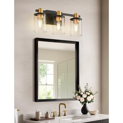 DORESshop 20 in. 3-Light Black Gold Bathroom Vanity Light with Clear Glass Shades for Mirror and Vanity