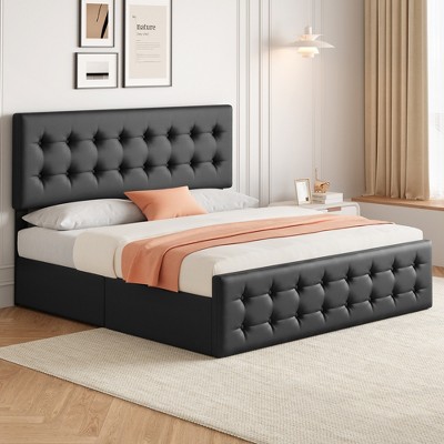 Linen Upholstered Bed Frame with 4 Storage Drawers | Metal Frame & Button Tufted Headboard | Wood Slat Support | No Box Spring Needed