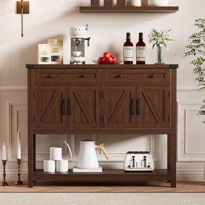 47.2" Buffet Sideboard Cabinet, Modern Farmhouse Coffee Bar with 2 Drawers, 4 Barn Doors & Open Shelf