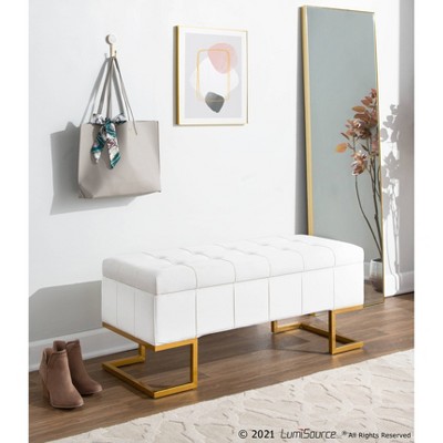 LumiSource 41" Midas Glam Storage Bench Steel/Velvet Gold/White: Upholstered Ottoman with Lift-Top, Tufted Design