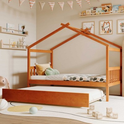 Whisen Twin Size Wooden House Bed with Twin Size Trundle