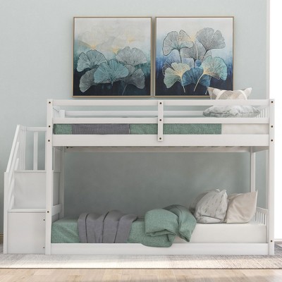 Okak Twin over Twin Solid Wood Floor Bunk Bed Low Loft Bunk Bed with Storage Ladder & Safety Guardrail for Kids Teens, Easy Assemble