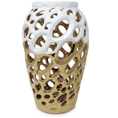 HomeRoots 13" Gold And White Pierced Urn Porcelain Table Vase With Sculptural Details