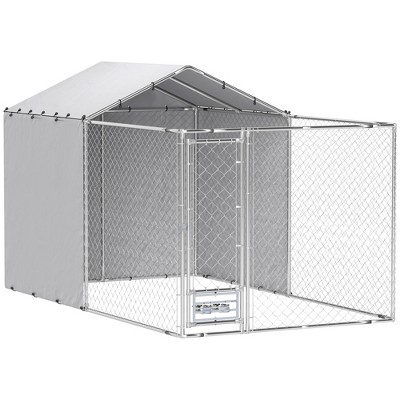 PawHut Large Outdoor Dog Kennel, Chain Link Dog Kennel Outside with Weather Resistant Cover, Rotating Bowls Door, for M&L Dogs