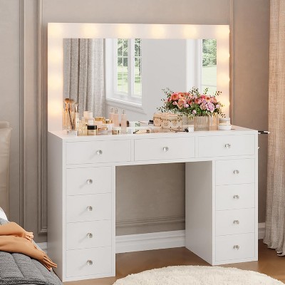 Makeup Vanity Desk with Mirror & 12 LED Lights, White Dressing Table with 11 Drawers, Glass Top, 3 Lighting Modes & Power Outlet