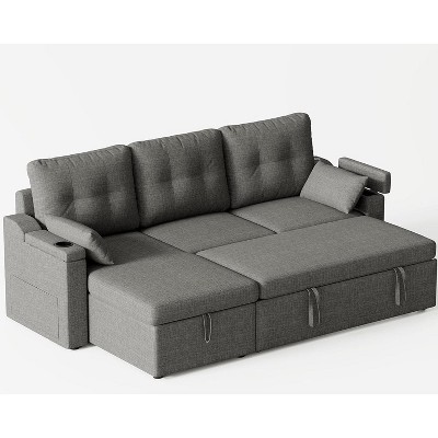 Sleeper Sofa with Storage, Pull Out Sectional Couch, Modern Reversible L Shaped Sofa Bed with USB Type-C Ports & Removable Covers, Dark Gray