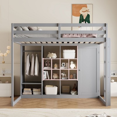 Twin/Full Size Wood Loft Bed with Wardrobe, Colorful Shelves & Cabinet, Reversible Staircase - ModernLuxe