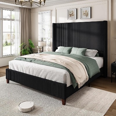 AMERLIFE Size 62" Corduroy Upholstered Bed Frame Extra Tall Wingback Headboard