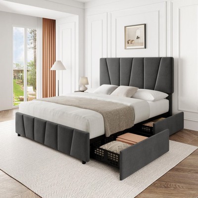 Twin/Full/Queen/King Bed Frame with Adjustable Headboard & 2/4 Drawers, Linen/Vel vetUpholstered Platform Bed Frame, No Box Spring Needed