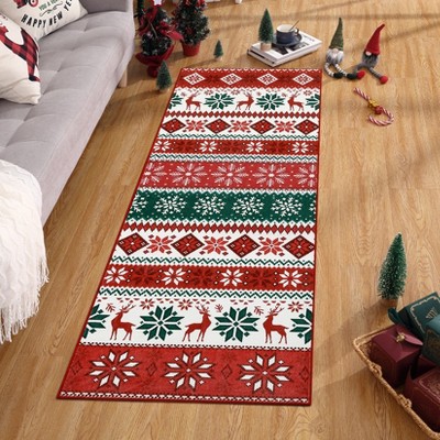 Washable Chrismas Rug Non Slip Low Pile Rug Soft Vintage Xmas  Throw Floor Cover Foldable Indoor Carpet for Living Room Bedroom Playroom Nursery