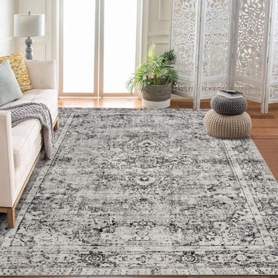 Short Pile Washable Area Rug - Boho Vintage Living Room & Bedroom Rug, Non-Slip, Machine Washable