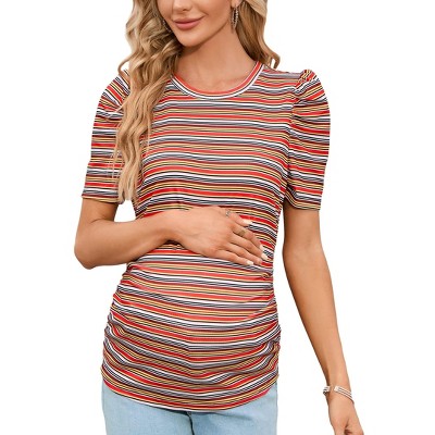 Maternity Tops Women's Casual Floral Printed Puff Short Sleeve Ruched Side Tunic Blouses Shirts Pregnancy Clothes