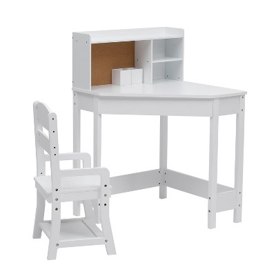 Kids Study Desk and Chair Set, Kids Corner Study Table with Hutch, Adjustable Chair, Cork Board, White Children Desk Chair Set