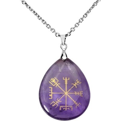 Viking Compass Pendant Necklace - Silver Plated with Healing Stone & Teardrop Crystal, 24 Inch