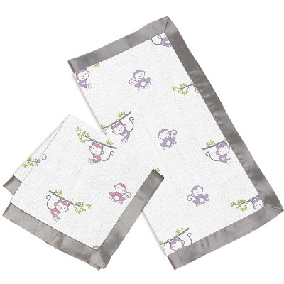Bacati - Happy Monkeys Pink/Purple Muslin 2 pc Security Blankets
