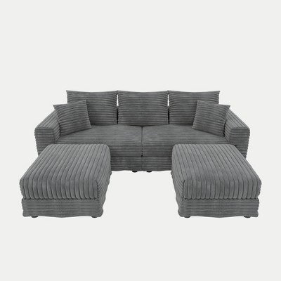 TiramisuBest 82.7" Plush Corduroy 3-Seat Sofa, Modern Deep Seat Cloud Couch with Soft Pillows & Ottoman, Convertible Lounge for Living,Grey