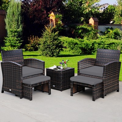 Costway 5PCS Patio Rattan Wicker Furniture Set Sofa Ottoman W/ Cushions
