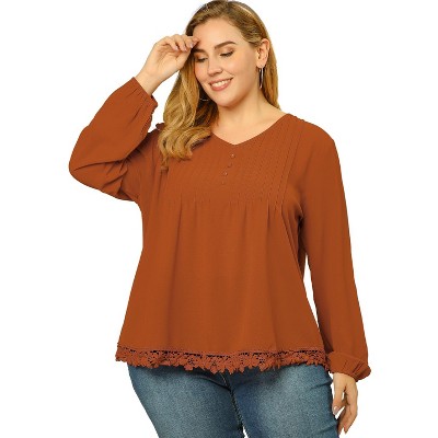 Agnes Orinda Women's Plus Size Fashion Pleated Lace Trim Hem V Neck Long Sleeve Solid Blouses