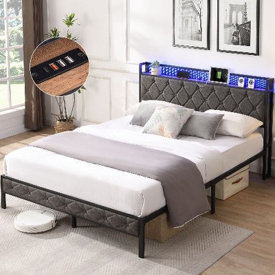 CAVINAS Full Size Bed Frame with Storage Headboard, Charging Station and LED Lights, Upholstered Platform Bed -Noise Free, Dark Gray