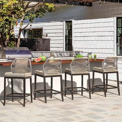Arceso Outdoor Bar Stools, Rattan Outdoor Counter Height Bar Stools Set of 4, 26.5" H Woven Rope Patio Bar Chairs with Aluminum Legs for Kitchen