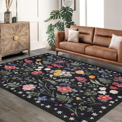 Area Rug Washable Boho Rugs Non Slip Low Pile Floral Small Carpet for Bedroom, Bedside, Kids Room, Office, Dining Room