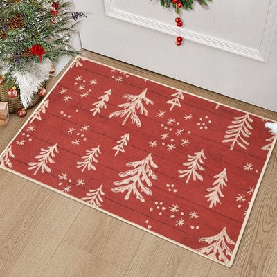 Christmas Tree Home Decor Doormat Low Pile Non Slip Christmas Winter Welcome Floor Carpet Modern Doormat for Entrance Hallway Bedside,Red/1'8"x2'8"