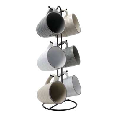 Elama 12oz 6pk Stoneware Multi-Diamond Mug Set with Stand Gray: Coffee Mugs Set, Microwave & Dishwasher Safe