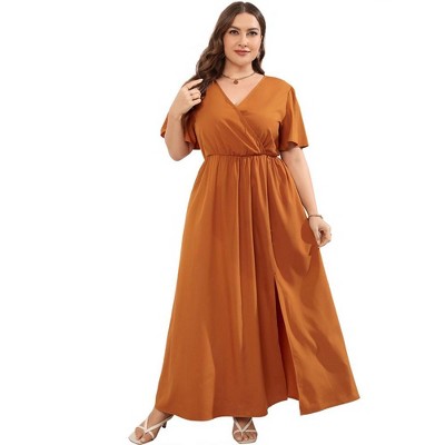 Women Plus Size Wrap Maxi Dress Short Flutter Sleeves Empire Waist Split A Line Boho Casual Dress
