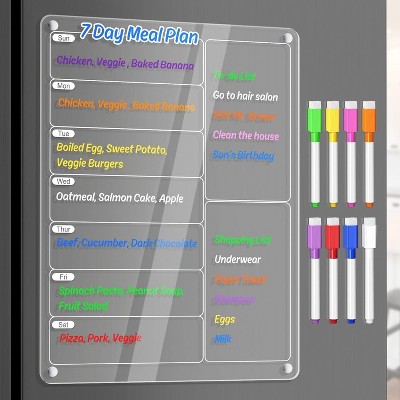 Maison 13x9 Acrylic Lucite Weekly Magnetic Meal Planner For Kitchen Fridge Easy To Write & Erase To Do List Shopping List Chores Include 6 Markers