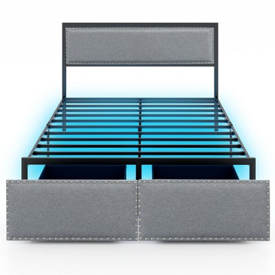 Tangkula Full Size Bed Frame w/ 2 Storage Drawers LED Lights Slats Support Modern