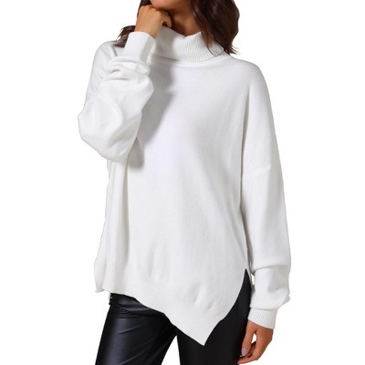 INSPIRE CHIC Women's Mock Neck Pullover Drop Shoulder Long Sleeve Side Slit Sweater